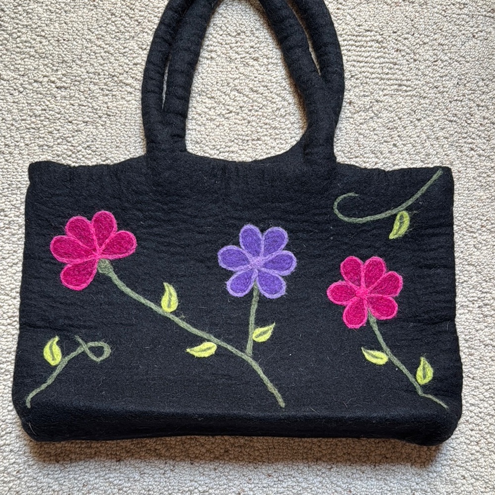 Woolen Floral Embroidered Black Knitting Bag